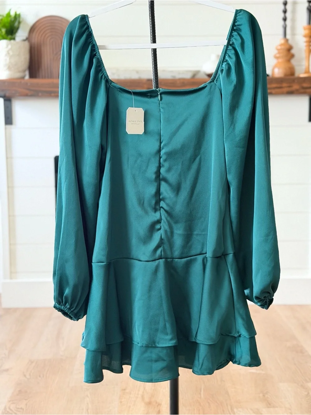 Altar'd State Emerald Green Long Sleeve Tiered Mini Dress